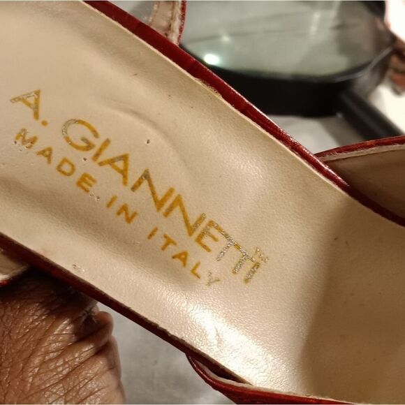 A. Gianetti Made in Italy Red Leather Croc Embossed Peep Toe Slingback S… - Picture 5 of 8